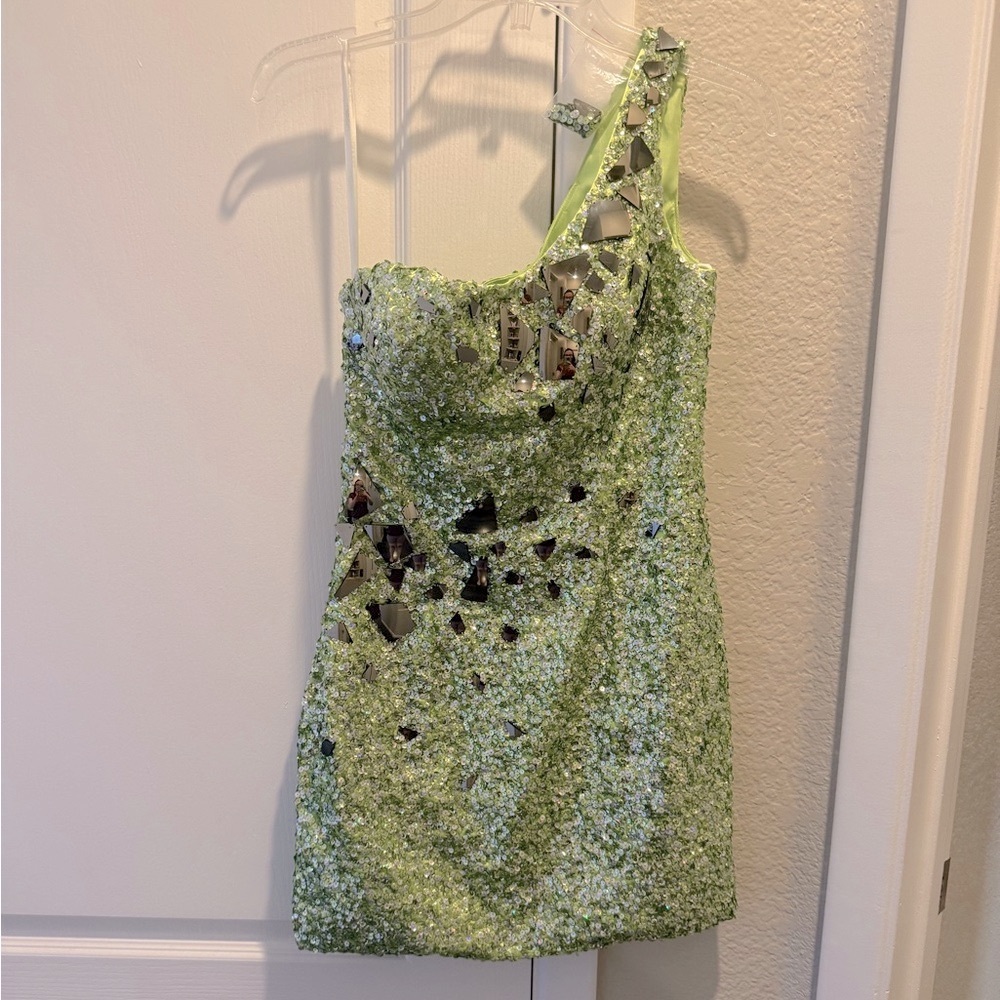 Lime Shattered Glass & Sequin Mini Dress